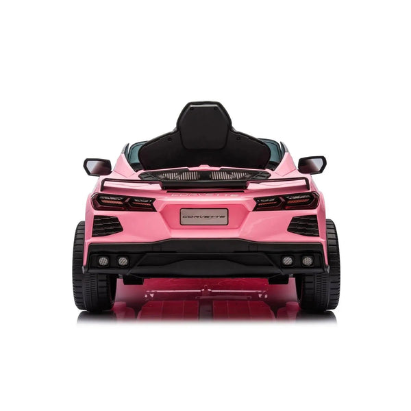 12V Chevrolet Corvette C8 Stingray kids ride-on car in angle 43 view, perfect for adventurous little drivers.