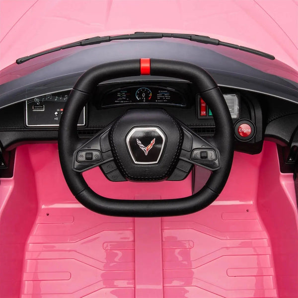 12V Chevrolet Corvette C8 Stingray kids ride-on car, 1-seater, angled view showcasing sleek design and vibrant colors.