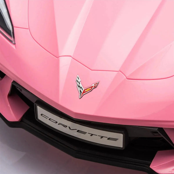 12V Chevrolet Corvette C8 Stingray kids ride-on car, 1-seater, angled view showcasing sleek design and vibrant colors.