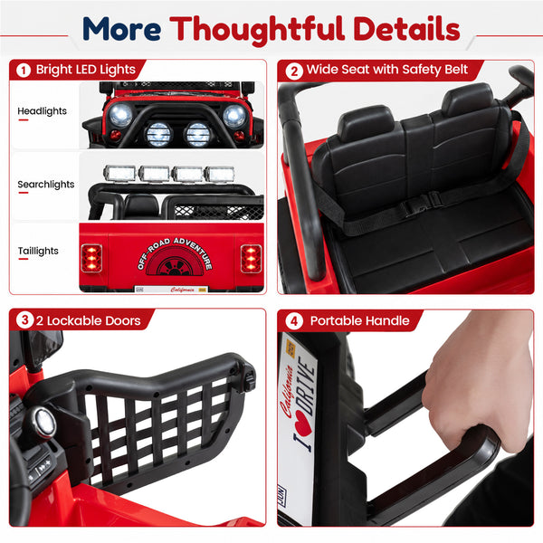12V Electric 2-Seater Kids Ride On Car with Remote Control, shown from angle 4, perfect for fun outdoor adventures.
