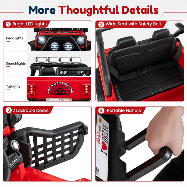 12V Electric Kids Ride On Car 2-Seater with Remote Control, angled view showcasing fun and safety for young drivers.