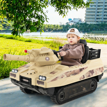 12V Electric Kids Ride On Tank with turret and missiles for ages 37-95 months, khaki color, fun outdoor toy.