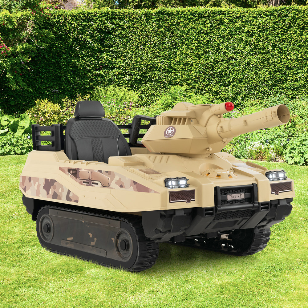 12V Electric Kids Ride On Tank with turret and missiles for ages 37-95 months, khaki color, fun outdoor toy.