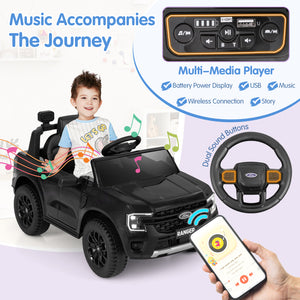 12V Electric Ford Ranger ride-on car for kids with remote control and music, angle view 6. Perfect toy for young adventurers!