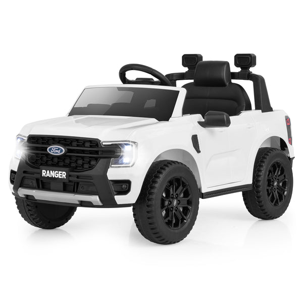 12V Electric Ford Ranger ride-on car for kids with remote control and music, angled view showcasing design and features.