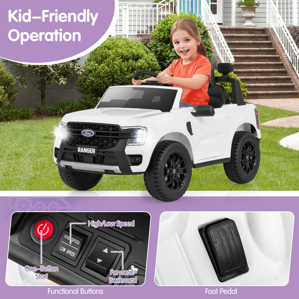 12V Electric Kids Ride on Ford Ranger Car with Remote Control and Music, angled view, perfect for fun outdoor play.