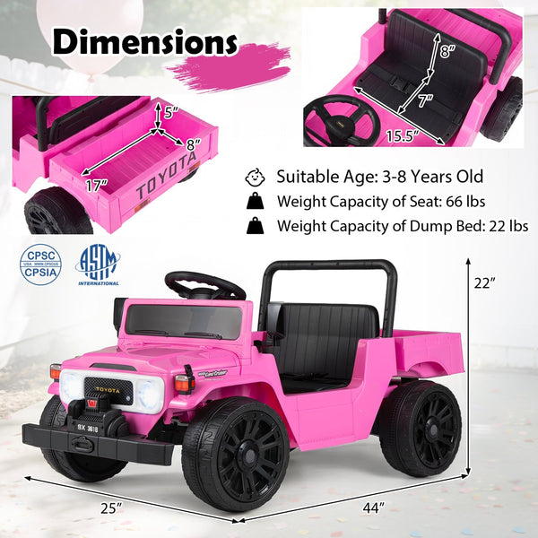 12V Electric Ride On Truck with Dump Bed and Remote Control, angled view showcasing its design and features.