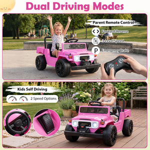 12V electric ride-on truck with dump bed and remote control, perfect for outdoor fun and adventure for kids.