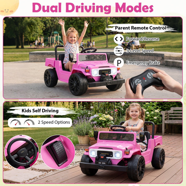 12V electric ride-on truck with dump bed and remote control, perfect for outdoor fun and adventure for kids.