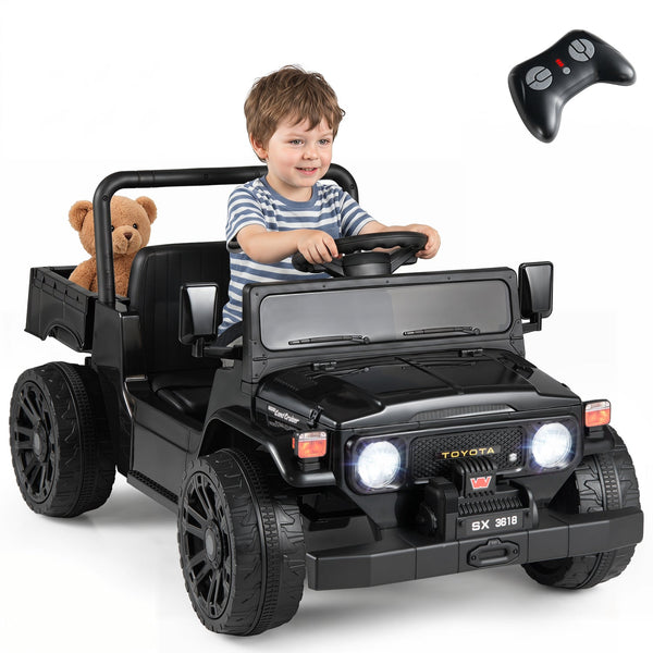 12V Electric Ride On Truck with Dump Bed and Remote Control, perfect for adventurous kids. Angle view showcasing design.