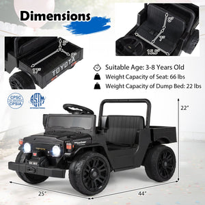 12V Electric Ride On Truck with Dump Bed and Remote Control for kids, angled view showcasing its features.