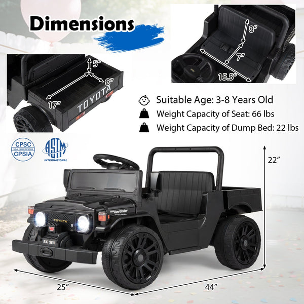 12V Electric Ride On Truck with Dump Bed and Remote Control for kids, angled view showcasing its features.