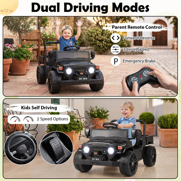 12V electric ride-on truck with dump bed and remote control, angled view showcasing its features for kids' outdoor fun.