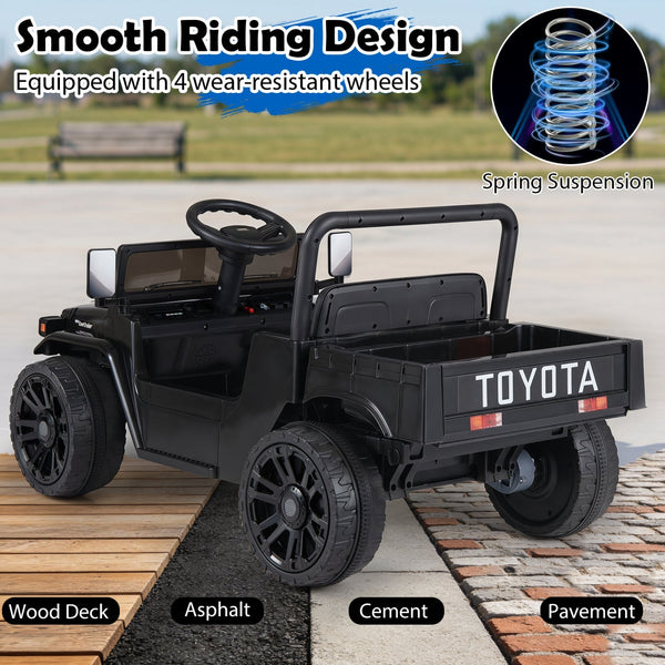 12V Electric Ride On Truck with Dump Bed and Remote Control for kids, angled view showcasing its features.