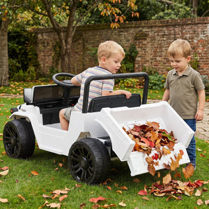 12V Electric Ride On Truck with Dump Bed and Remote Control, angled view showcasing its features for kids.