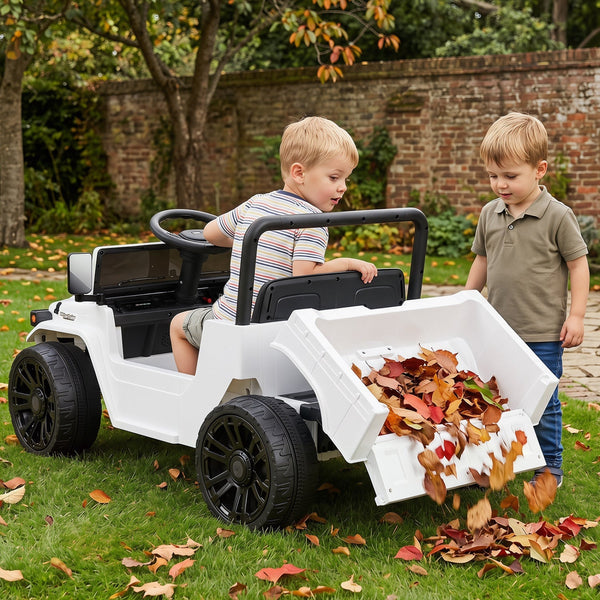 12V Electric Ride On Truck with Dump Bed and Remote Control, angled view showcasing its features for kids.