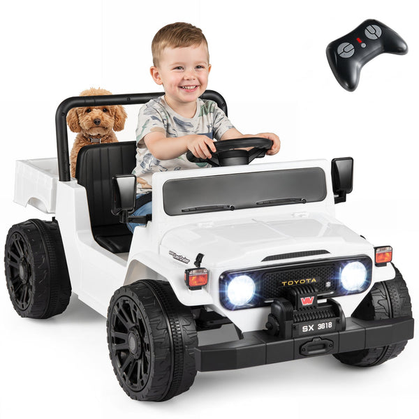 12V Electric Ride On Truck with Dump Bed and Remote Control for kids, angled view showcasing fun design and features.