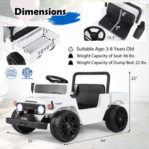 12V Electric Ride On Truck with Dump Bed and Remote Control for kids, angled view showcasing fun design and features.