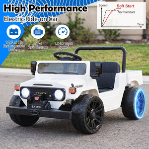 12V Electric Ride On Truck with Dump Bed and Remote Control for kids, angled view showcasing fun design and features.