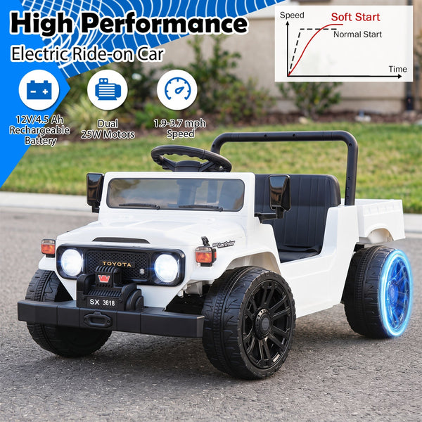 12V Electric Ride On Truck with Dump Bed and Remote Control for kids, angled view showcasing fun design and features.