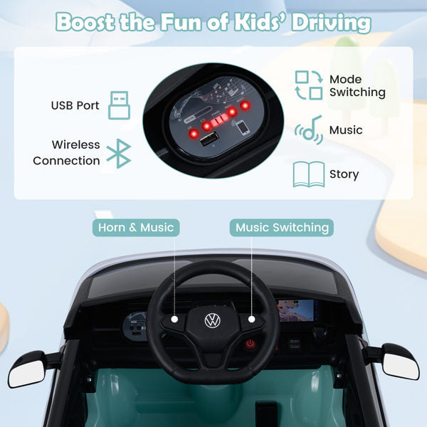 12V Kids Electric Volkswagen Bus with music, LED headlights, and fun design - perfect powered ride-on toy for children.