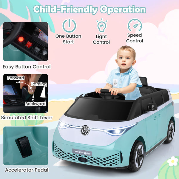 12V Kids Electric Volkswagen Bus with music, LED headlights, and stylish design for powered ride-on fun.