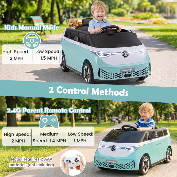 12V Kids Electric Volkswagen Bus with music, LED headlights, angle view, perfect powered ride-on toy for fun adventures.