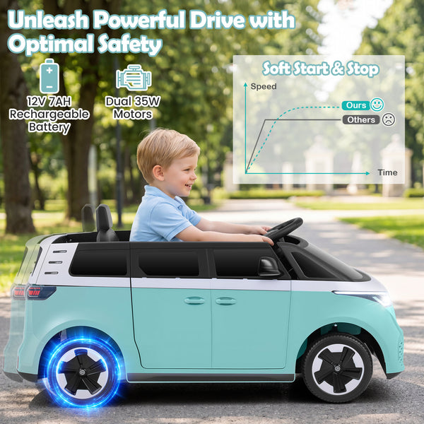 12V Kids Electric Volkswagen Bus with music, LED headlights, perfect for powered ride-on fun. Angle 6 view.