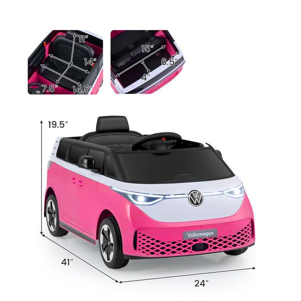 12V kids electric Volkswagen bus with music, LED headlights, and stylish design for powered ride-on fun.