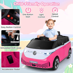 12V Kids Electric Car Bus with music, LED headlights, and Volkswagen license - angle view of powered ride-on toy.