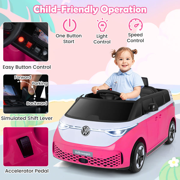 12V Kids Electric Car Bus with music, LED headlights, and Volkswagen license - angle view of powered ride-on toy.