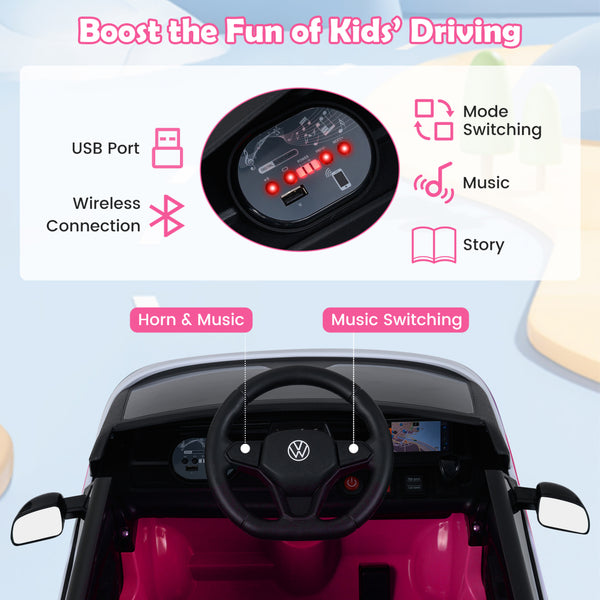12V Kids Electric Volkswagen Bus with music, LED headlights, and stylish design for powered ride-on fun.