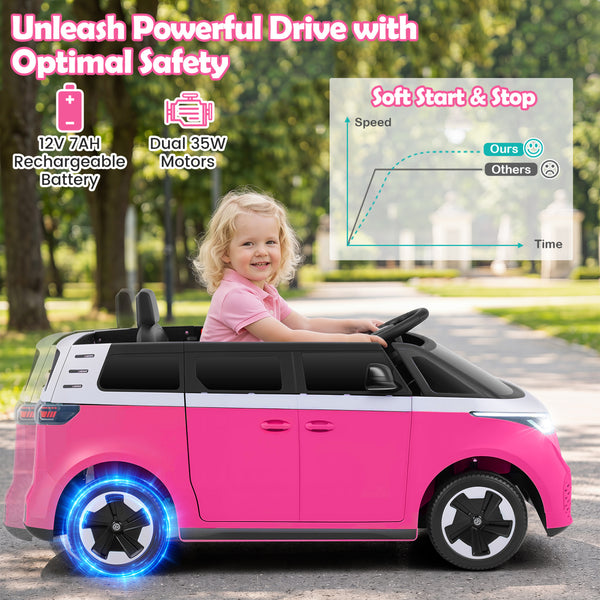 12V Kids Electric Car Bus with music, LED headlights, and Volkswagen license - angle view. Perfect powered ride-on toy!