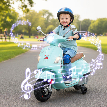 12V Kids Electric VESPA Motorcycle with Music and Training Wheels - Fun and safe ride-on toy for young children.