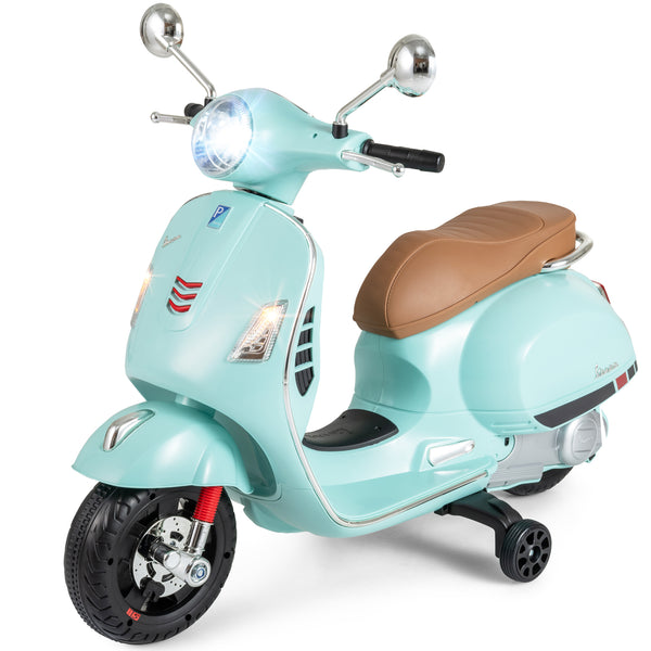 12V Kids Electric VESPA Motorcycle with music and training wheels, perfect toy for young riders. Angle 6 view.