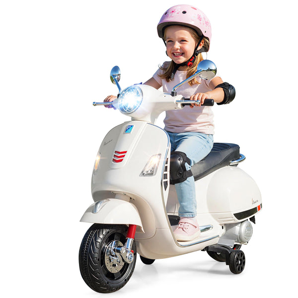 12V kids electric VESPA motorcycle with music and training wheels, angled view showcasing vibrant design and features.