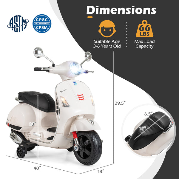 12V Kids Electric VESPA Motorcycle with Music and Training Wheels - Fun and safe ride-on toy for young children.