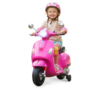 12V Kids Electric VESPA Motorcycle with music, training wheels, and fun design for safe riding adventures.