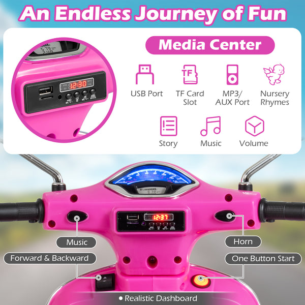12V Kids Electric VESPA Motorcycle with music, training wheels, and vibrant design - perfect for young riders.