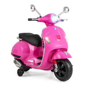 12V Kids Electric VESPA Motorcycle with music, training wheels, and vibrant design for safe, fun rides.