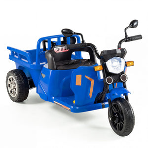 12V kids motorcycle with 3 wheels, trailer, and shovel, perfect for outdoor fun and adventure.
