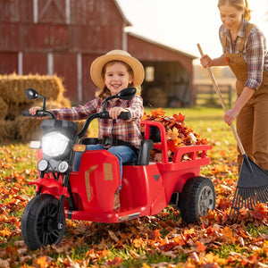 12V kids motorcycle with 3 wheels, trailer, and shovel for fun outdoor ride-on adventures.
