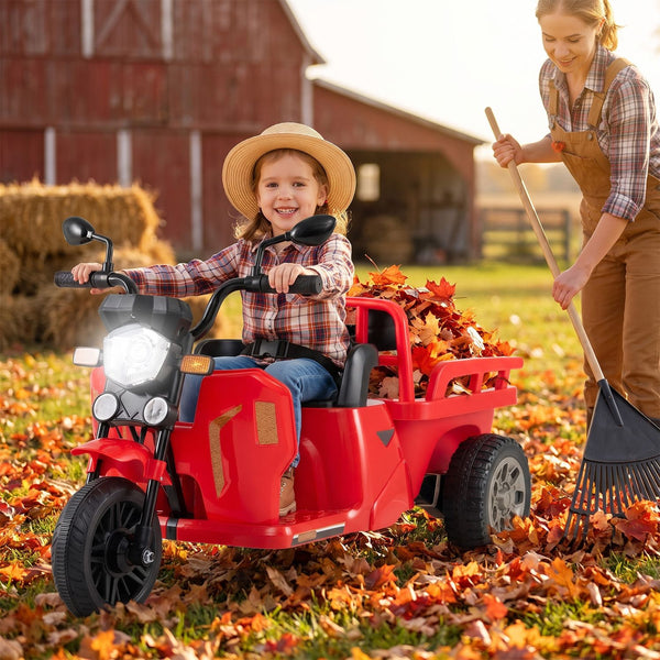 12V kids motorcycle with 3 wheels, trailer, and shovel for fun outdoor ride-on adventures.
