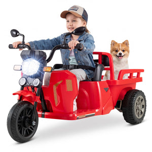 12V kids motorcycle with 3 wheels, trailer, and shovel for fun outdoor rides. Perfect ride-on tractor for toddlers.