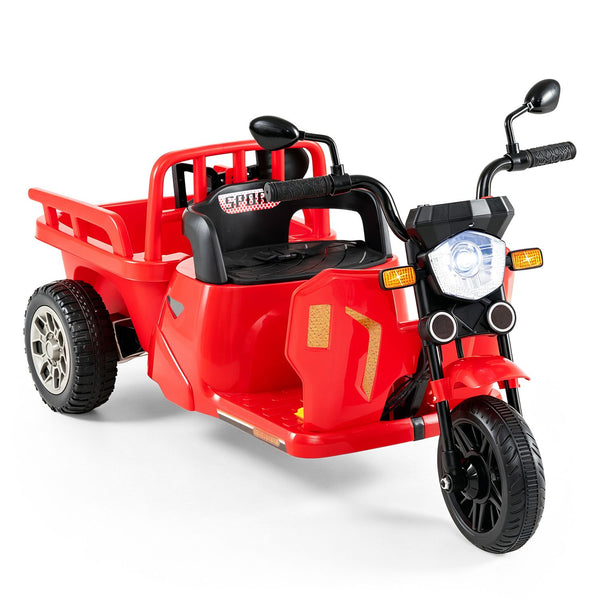 12V kids motorcycle with 3 wheels, trailer, and shovel, perfect for outdoor adventures and fun rides.