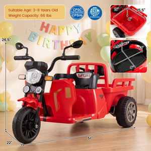 12V kids motorcycle with 3 wheels, trailer, and shovel; perfect ride-on tractor for outdoor fun.