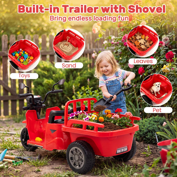 12V kids motorcycle with 3 wheels, trailer, and shovel for fun outdoor rides. Perfect ride-on tractor for toddlers.