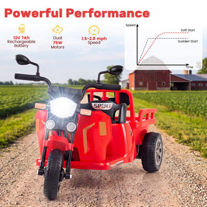 12V kids motorcycle with 3 wheels, trailer, and shovel; perfect ride-on tractor for outdoor fun.