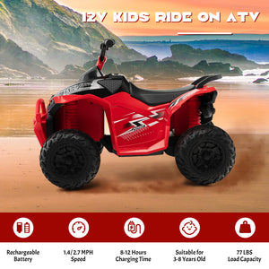 12V Kids Ride On ATV with high/low speed, comfortable seat, angled view showcasing fun and safety for young riders.