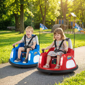 12V kids ride-on bumper car with remote control, flashing lights, and fun design for safe outdoor play.
